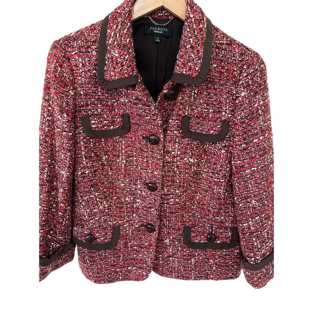 Talbots tweed boucle blazer jacket size 10 red‎ brown
